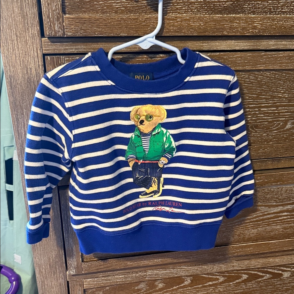 Polo by Ralph Lauren Blue & White Striped Kids Bear Sweatshirt